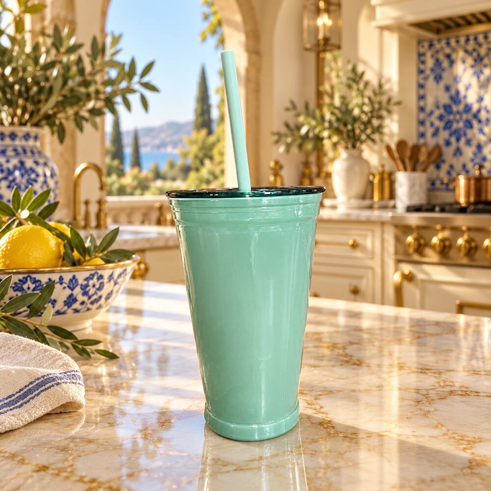 Starbucks Spain Recycled Glass Mint Green Cold Cup Tumbler 16oz w Straw